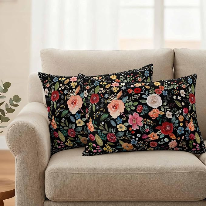 Watercolor Flowers Waterproof Outdoor Pillow Covers 20''x12'' Set of 2, Farmhouse Floral Patio Furniture Black Cushion Covers for Chairs, Decorative Vintage Wildflowers Pillow Cases for Garden/Pool