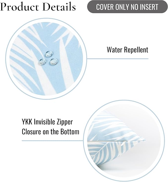 Hofdeco Premium Coastal Hampton Style Patio Indoor Outdoor Pillow Cover Only, 20"x20" Water Resistant for Backyard, Couch, Baby Blue Palm Leaf