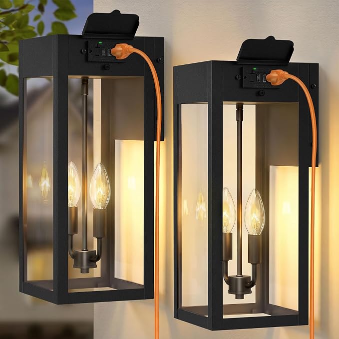 2-Pack 17.87" Extra Large Outdoor Wall Lights with GFCI Outlet, Black 2-Light Porch Lights Outdoor, Waterproof Exterior Lamp with E12 Sockets for House, Porch, Patio, Garage