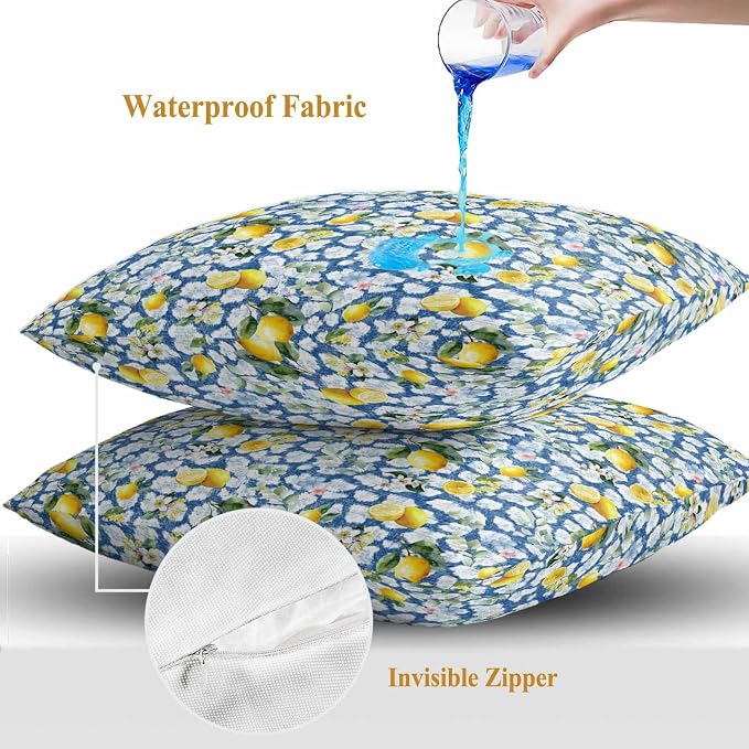 Yukro Summer Lemon Outdoor Waterproof Pillow Covers Pack of 2, Yellow Fruit White Flowers Country Plant Blue Throw Pillowcases Decorative Cushion Covers for Garden Patio Tent Sofa Couch, 24x24 inch