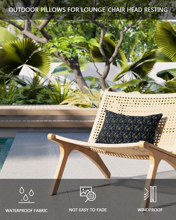 Outdoor Pillows Covers with Inserts Gold Gradient Floral Leaves Black Waterproof Recliner Pillow with Adjustable Strap Throw Pillows for Patio Furniture Pool Lounge Chair, 11x16 inch, 2PCS