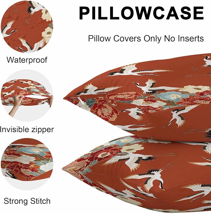 Japanese Style Outdoor Pillow Covers 26x26 Inch Throw Pillow Covers Set of 2 Waterproof Decorative Pillow Cases Red Farmhouse Botanical Peony Birds Cushion Covers for Patio Furniture Garden Couch Sofa
