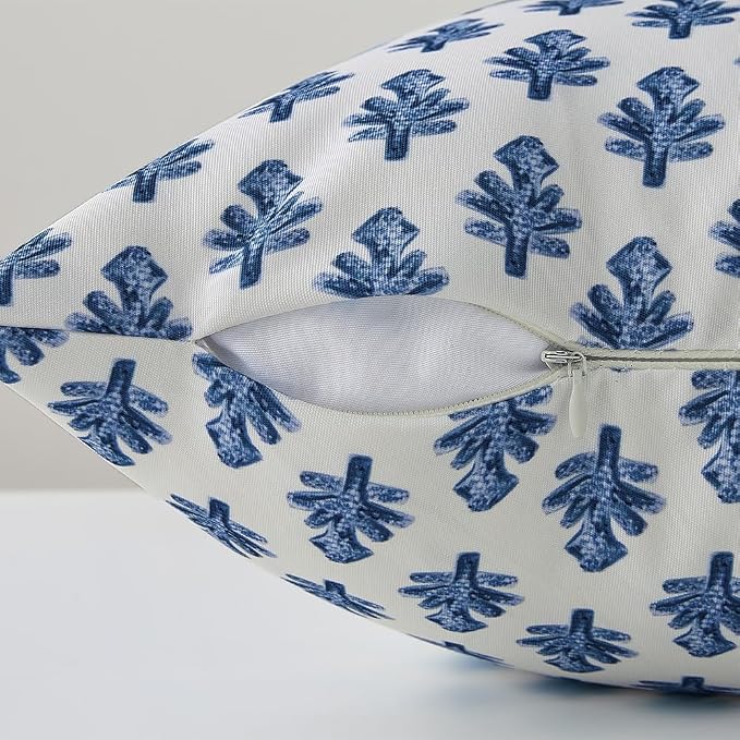 Outdoor Pillow Covers 20x20 Set of 2 Boho Navy Bule Floral Accent Print Decorative Throw Pillow Cases for Outdoor Waterproof Patio Furniture Garden Porch Sofa Bed Cushion Covers Home Decor JB005-E20