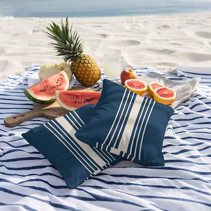 Navy Blue Beige Striped Outdoor Pillow Covers 16x16 Inch Throw Pillow Covers Set of 2 Waterproof Decorative Pillow Cases Modern Farmhouse Retro Lines Cushion Covers for Patio Furniture Garden Couch