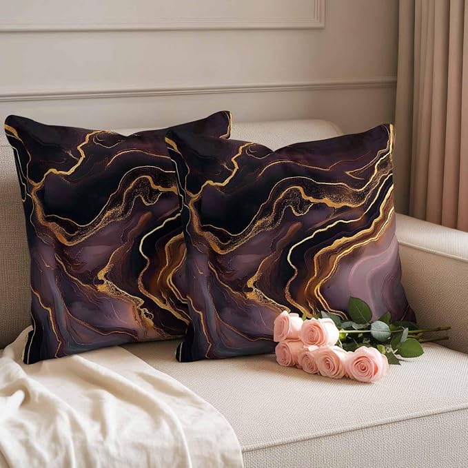 Abstract Marble Texture Outdoor Waterproof Throw Pillow Covers Set of 2, 18"x18", Purple Gold Waves Art Decorative Pillow Covers Outside Cushion Case for Patio Porch Garden