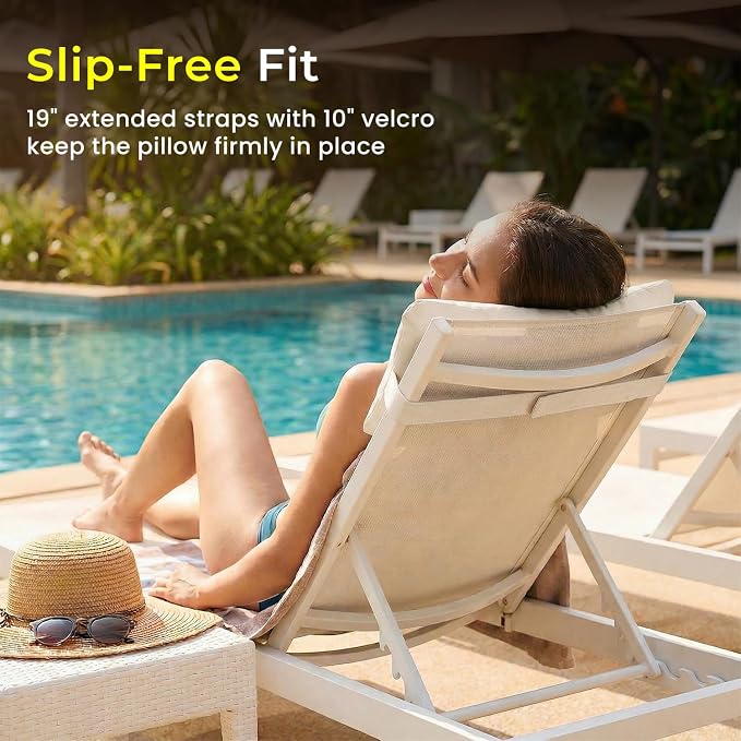 Sunbrella Headrest/Lumbar Pillow with Velcro Strap for Chaise Lounge, White | Outdoor Pillow for Chaise Loungers, Pool Chairs & Patio Furniture, 18" x 8" x 3"