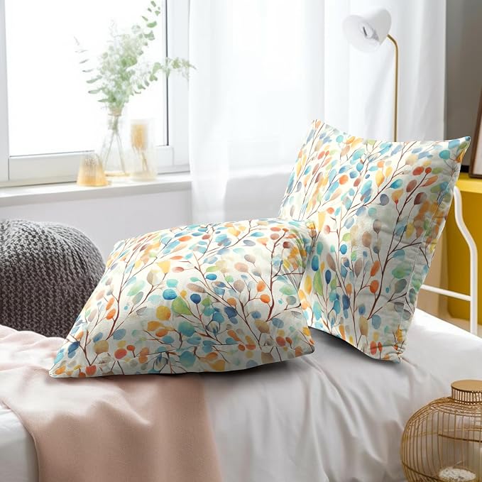 Colorful Floral Throw Pillow Covers 18x18 Set of 2 - Abstract Watercolor Botanical Leaves Square Cushion Pillowcases for Bedroom Sofa Living Room Couch Office Decor