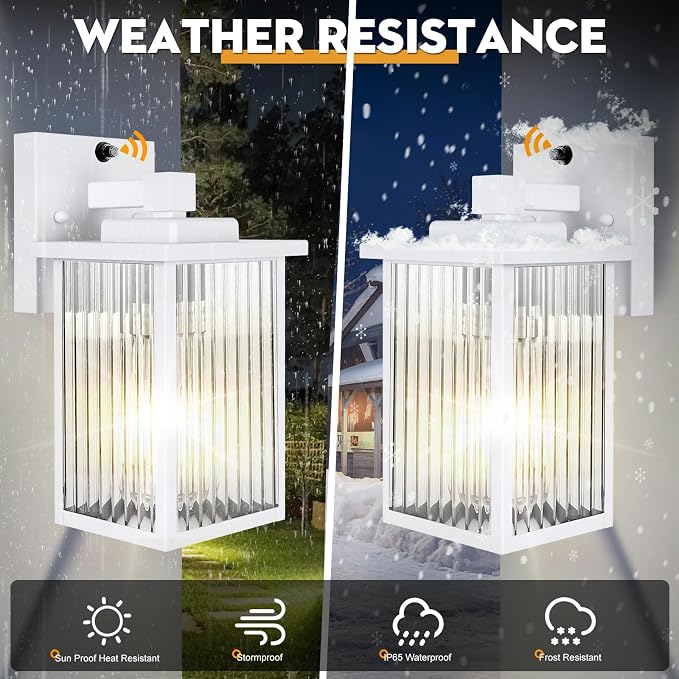 2 Pack White Dusk to Dawn Outdoor Wall Light, Porch Light | Auto On/Off, Rust-Resistant Metal Frame, Tempered Glass, Easy DIY Install on Porch, Garage