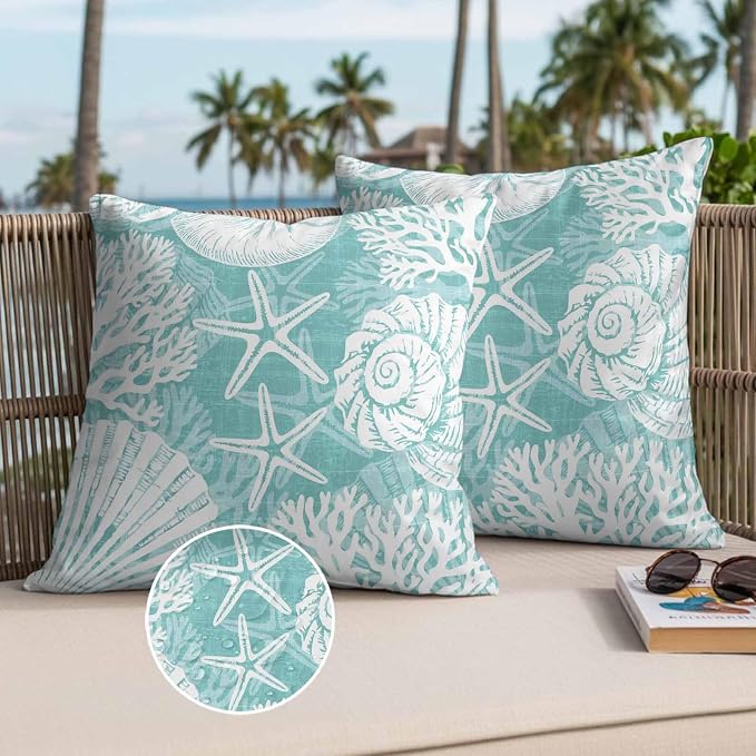 Outdoor Pillow Covers 16x16 Inch Set of 2, Teal Green Starfish Coastal Waterproof Throw Pillow Covers, Summer Coral Shell Beach Nautical Decorative Cushion Pillowcases for Couch Sofa Bed Garden Patio