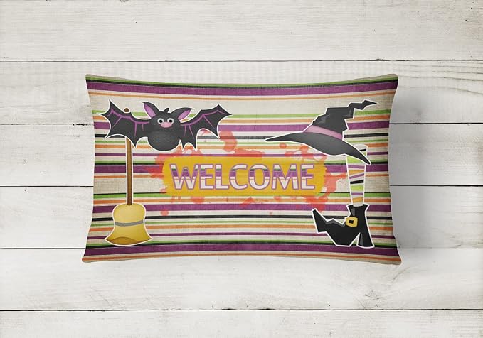 Caroline's Treasures SB3010PW1216 Witch Costume and Broom on Stripes Halloween Canvas Fabric Decorative Pillow 100% Machine Washable Pillow, Indoor or Outdoor Decorative Throw Pillow for Couch, Bed or