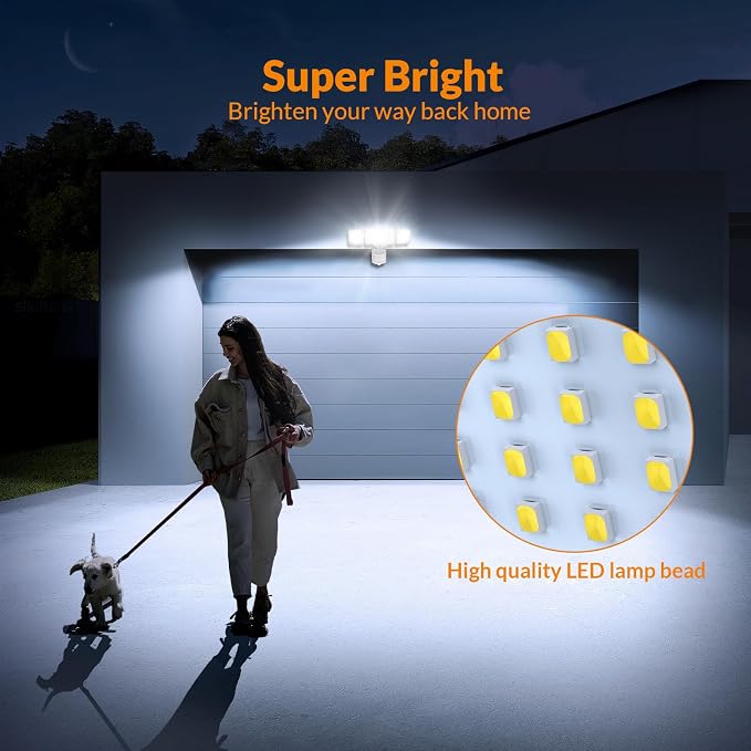 LEPOWER Solar LED Security Lights, PIR Motion Sensor Outdoor, 1600LM, Yard | 5500K Daylight, 72FT180° Motion Sensor Flood Light, 3 Adjustable Head, Easy Install, IP65 Waterproof for Porch, Patio, Garage