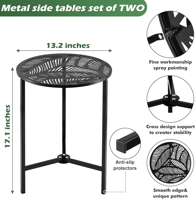 Party Zealot Set of 2 Small Round Metal Side Tables 13 Inches Black Outdoor End Tables for Patio, Balcony, Porch or Garden – Weather-Resistant Corner Coffee Table for Small Spaces & Indoor Plant Stand