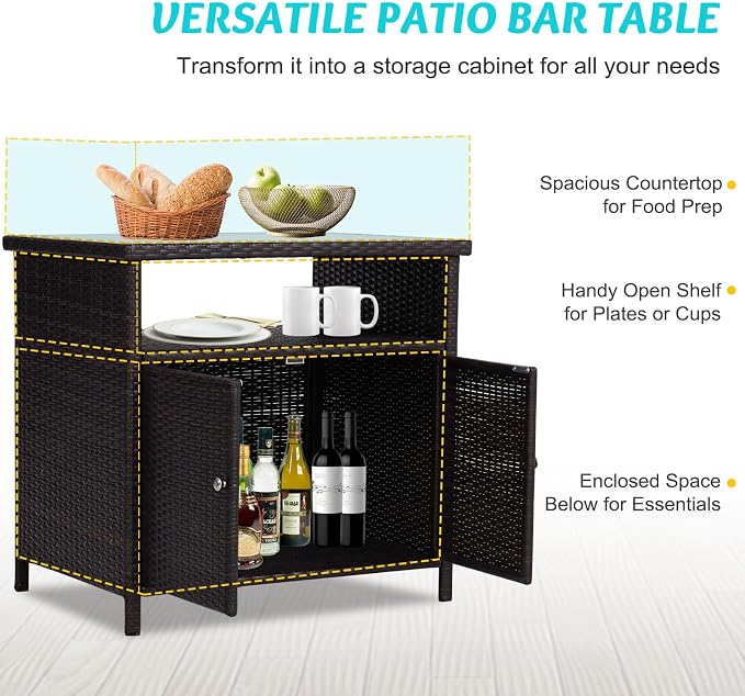 Wicker Outdoor Bar Table with Aluminum Tabletop - Outdoor Storage Cabinet Weather-Proof Rattan Bar Counter Table with Two Doors for Outdoor Cushions, Pool Toys and Garden Tools
