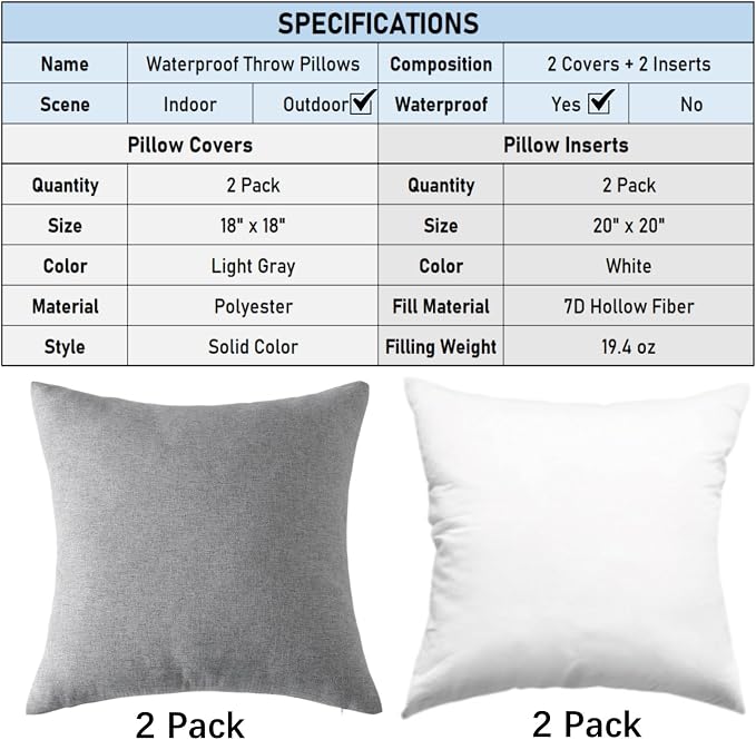 Outdoor Throw Pillows with Inserts, Waterproof Pillows for Outdoor Seating, Square Decorative Garden Cushion for Patio Furniture, Bed, Couch, Sofa(Light Gray, 18" x 18" (Pack of 2))