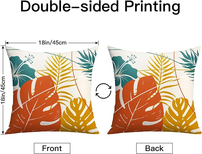 OTOSTAR Outdoor Waterproof Throw Pillow Covers 18x18 Inch Set of 2 Double-Sided Orange Yellow Tropical Leaf and Flower Spring Summer Decorative Pillow Cases for Patio Funiture Garden Balcony Couch