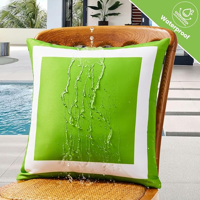JOJOGOGO 12x20 Apple Green Outdoor Lumbar Pillow Covers Waterproof & Sunproof Set of 2, White and Green Outdoor Decorative Lumbar Pillows for Patio Furniture and Porch Decor(Without Inserts)