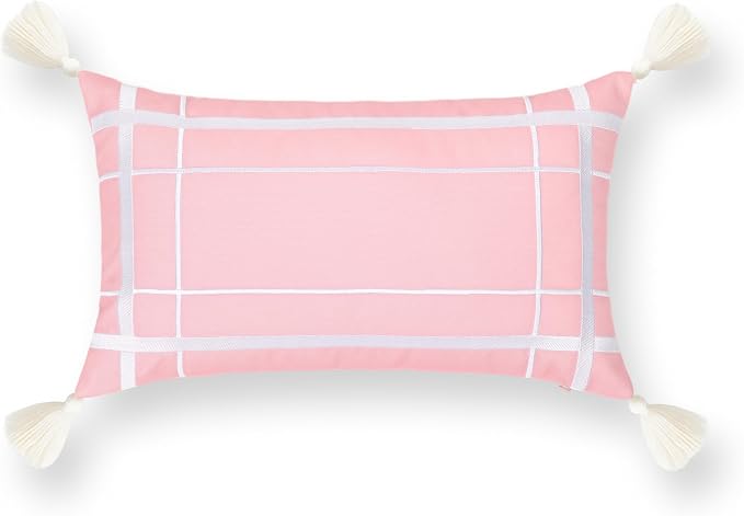 Hofdeco Premium Coastal Patio Indoor Outdoor Lumbar Pillow Cover Only, 12"x20" Water Repellent for Backyard, Couch, Blush Pink Embroidered Line Frame