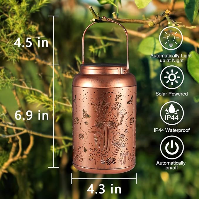 2 Pack Solar Lanterns Outdoor Waterproof Mushroom Garden Decor | Gifts for Women Mom Grandma Hanging Solar Lights Metal Solar Decoration Outside LED Lanterns for Yard, Patio, Lawn