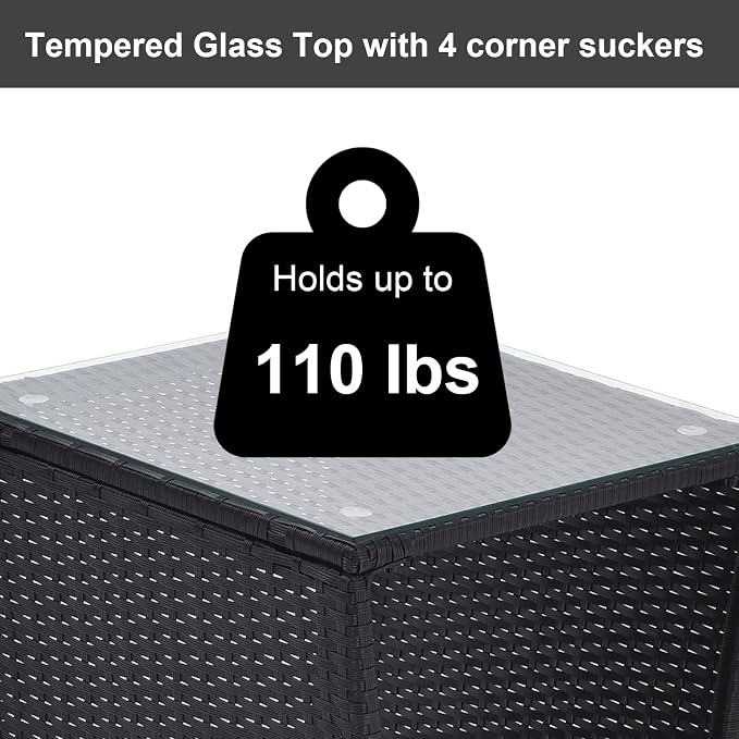 Patio Wicker Storage Side Table,Outdoor PE Rattan Woven Coffee End Table with Tempered Glass Top for Indoor Outdoor Porch Lawn Poolside Garden Backyard Balcony(Black)