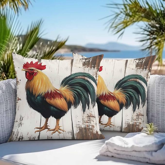Vintage Rooster Outdoor Waterproof Throw Pillow Covers 26x26 Set of 2, Retro Farmhouse Rooster Watercolor Decorative Pillowcases Cushion Pillowcase for Couch Sofa Patio Outside Pillow Protector