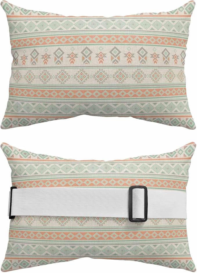 Outdoor Lumbar Pillow Set of 2, Green Orange Boho Striped Waterproof Beach Headrest Pillow with Inserts, Southwestern Ethnic Tribe Vintage Recliner Throw Pillows for Patio Furniture, 12 x 20