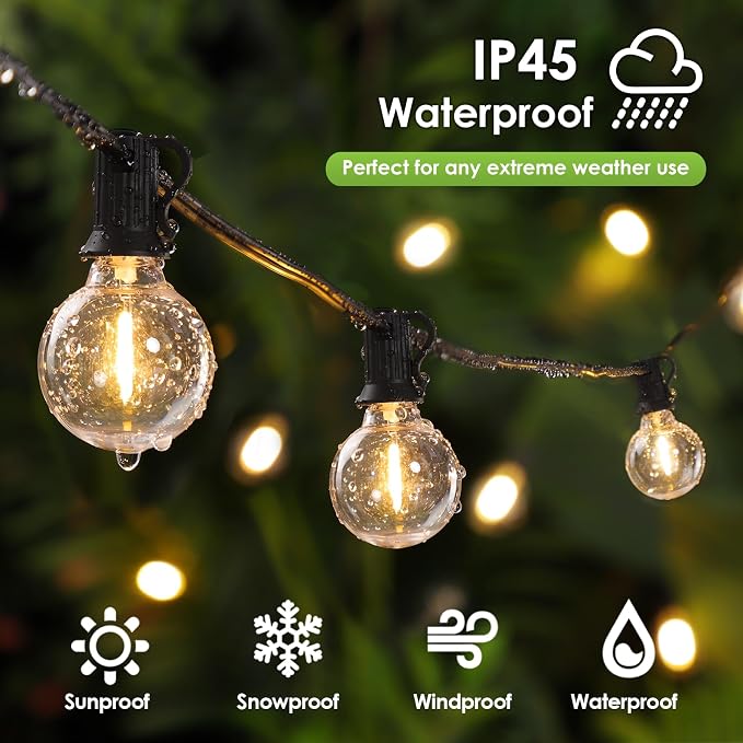 200Ft(2x100Ft) LED Outdoor String Lights Waterproof Dimmable G40 Globe Patio Lights with 100+5 Bulbs for Balcony Gazebo Pergola-Black Cord