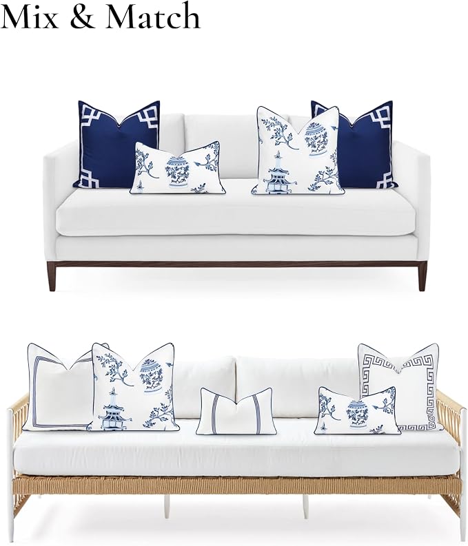 Hofdeco Premium Coastal Patio Indoor Outdoor Lumbar Pillow Cover Only, 12"x20" Water Repellent for Backyard, Couch, Navy Blue Chinoiserie with Piping