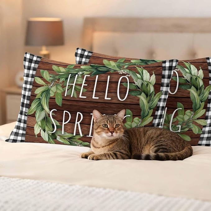 Hello Spring Outdoor Pillow Covers Pack of 2 Green Leaf Plant Black Plaid Brown Wood Grain Waterproof Throw Pillow Covers Decorative Cushion Cases for Patio Garden Tent Balcony Couch 20x12 inch