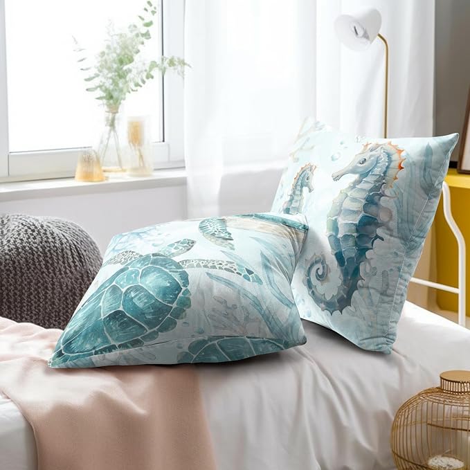 Coastal Ocean Throw Pillow Cover 22x22 inch,2 Pcs Blue Sea Turtle Seahorse Animal Nautical Themed Decorative Pillow Cases Linen Square Cushion Covers for Couch Sofa Home Decor