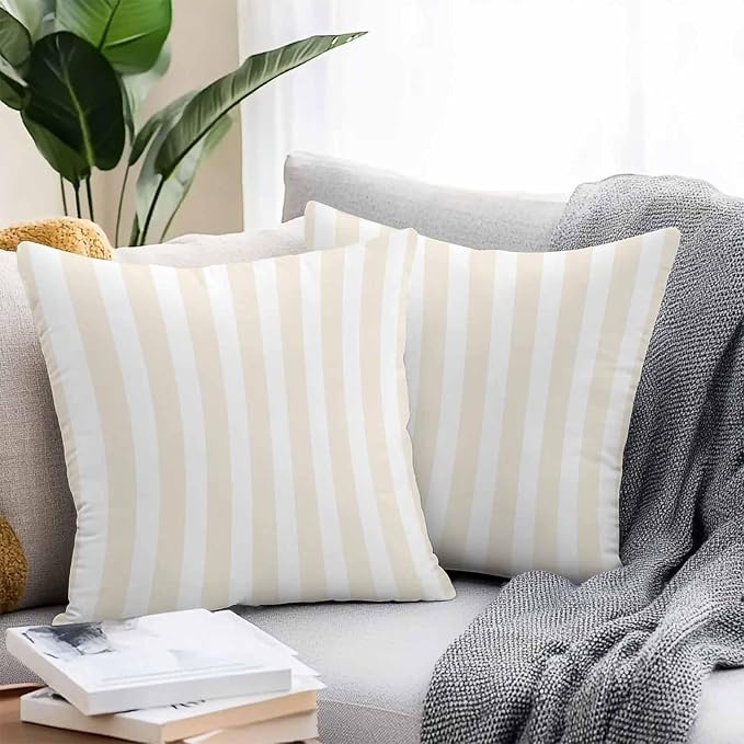 Cream Striped Outdoor Waterproof Throw Pillow Covers 18x18 Set of 2, Modern Farmhouse Cream White Stripes Decorative Pillowcases Cushion Pillowcase for Couch Sofa Patio Outside Pillow Protector