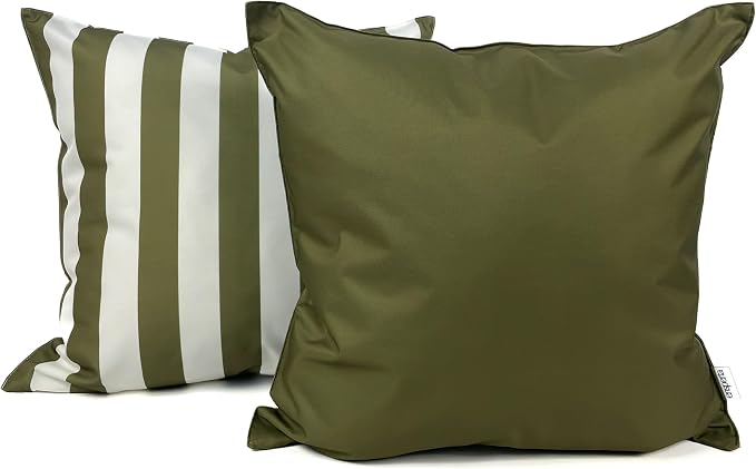Pack of 2 Solid and Stripe 20''x20'' Outdoor Waterproof Olive Green Throw Pillow Covers Decorative Square Cushion Patio Pillows for Patio Furniture (Martini Olive)