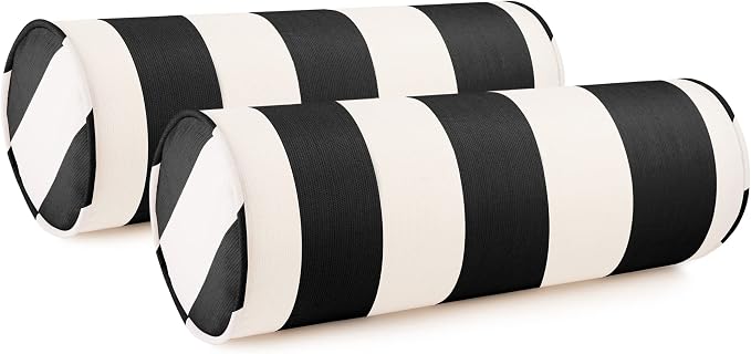 Sunbrella Cabana Stripe White/Black Zippered Neck Roll Bolster (Set of 2)