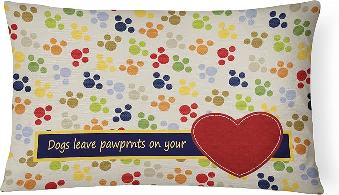 Caroline's Treasures SB3054PW1216 Dogs Leave Pawprints on Your Heart Canvas Fabric Decorative Pillow Machine Washable, Indoor Outdoor Decorative Pillow for Couch, Bed or Patio, 12HX16W