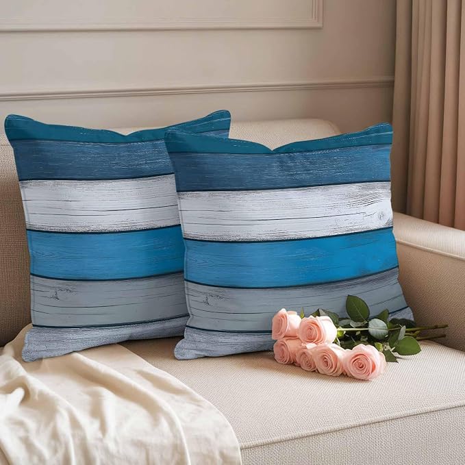 Coastal Style Outdoor Waterproof Throw Pillow Covers Set of 2, 24"x24", Retro Blue Grey Stripes Wood Texture Decorative Pillow Covers Outside Cushion Case for Patio Porch Garden