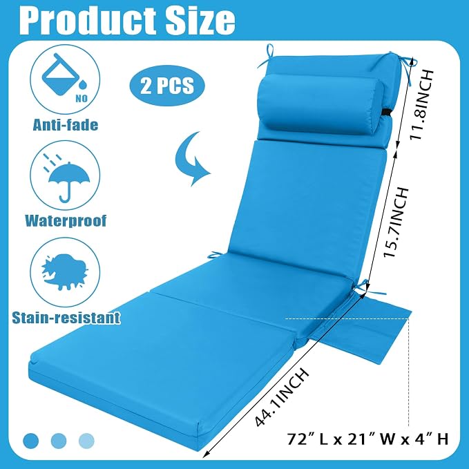 RattanView 2 Pcs Outdoor Chaise Lounge Cushion with Pillow and Side Pockets Waterproof Lounge Chair Cushions for Outdoor Furniture Patio Lounger Pad for Outside Pool Lawn (Lake Blue,80 x 26 x 4)