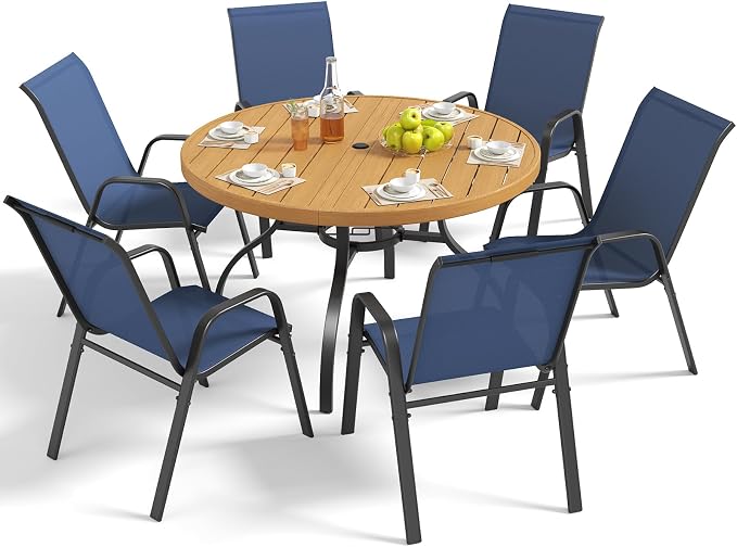 Outdoor Patio Dining Set for 6, 7 Pieces Patio Table and Chairs Set with Umbrella Hole, 47"x 47" Round Metal Wood-Grain Dining Table Set with 6 Stackable Patio Chairs for Deck , Backyard, Porch