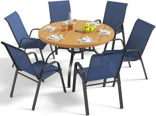 Outdoor Patio Dining Set for 6, 7 Pieces Patio Table and Chairs Set with Umbrella Hole, 47"x 47" Round Metal Wood-Grain Dining Table Set with 6 Stackable Patio Chairs for Deck , Backyard, Porch