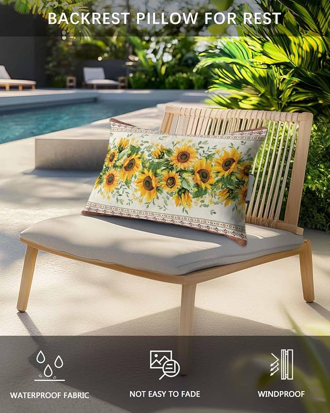Farmhouse Sunflower Outdoor Lumbar Pillow Covers 11"x16" Set of 2, Decorative Throw Pillow Covers for Patio, Beige Brown Vintage Floral Botanical Waterproof Cushion Case for Pool Beach Chair