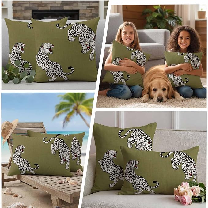 Yukro Green Leopard Outdoor Waterproof Pillow Covers Pack of 2, Modern Style Wild Animal Rustic Linen Texture Throw Pillowcases Decorative Cushion Covers for Garden Patio Tent Sofa Couch, 20x20 inch