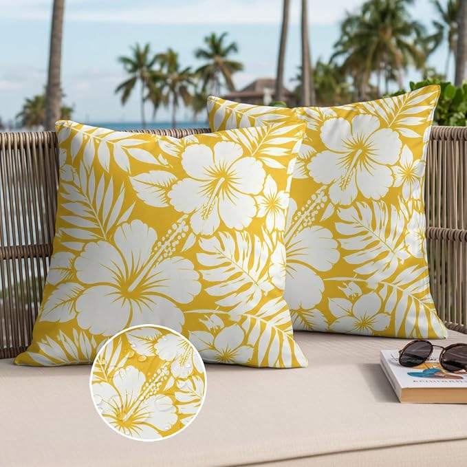 Yellow Hibiscus Flowers Waterproof Outdoor Pillow Covers Set of 2 Home Decor, Tropical Monstera Leaves Pillowcase Patio Pillow Covers for Couch Bench Patio Furniture Garden 16x16in