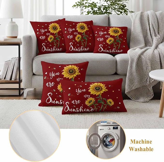 You Are My Sunshine Outdoor Pillow Covers Set of 2 Vintage Country Yellow Sunflower Floral Bees Heart Red Waterproof Throw Pillow Cover Decorative Cushion Cases for Patio Porch Garden 18X18 Inch