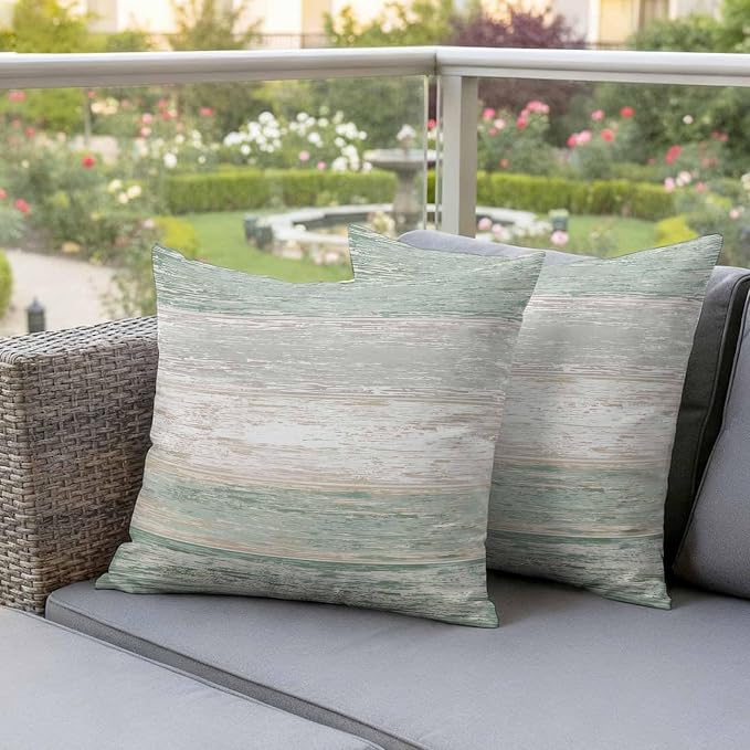 Outdoor Waterproof Throw Pillow Covers, Vintage Sage Green Grey Decorative Pillow Cases, Farmhouse Barn Wooden Striped Couch Pillow Protector Patio Sofa Cushion Covers Replacement 16"x16" 2 Pack