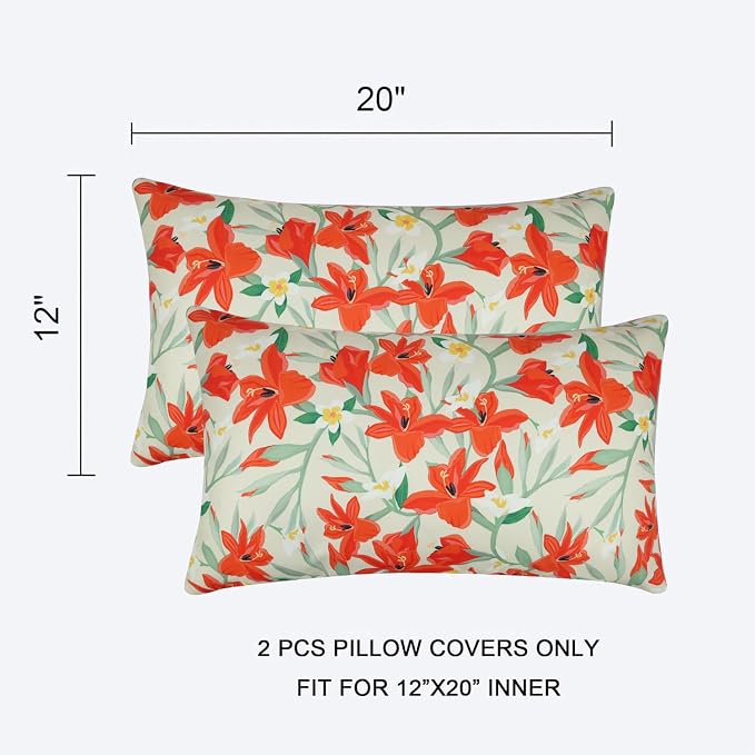 Pyonic Outdoor Pillows Cover Pack of 2 Floral Waterproof Throw Pillow Covers 12X20 inch Outdoor Lumbar Pillows for Patio Furniture Garden Outside Waterproof Throw Pillows