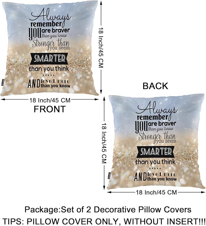 Swono Inspiration Quote Pack of 2 Decorative Throw Pillow Covers Cushion Covers, Remember You are Stronger Braver Couch Pillow Case Boho Pillowcase for Home Sofa Car 18"X18" Sparkle Golden