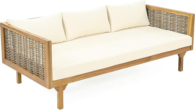 Merax Outdoor Acacia Wood Conversation Set, 3-Seat Loveseat Sofa w/Coushion and Round Coffee Table for Backyard, Patio Furniture, Teak+Beige