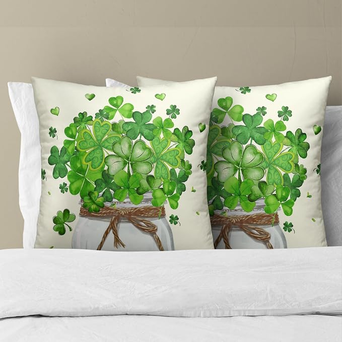 St. Patrick's Day Pillow Covers 22x22 Inch, 2 Pcs Green Shamrock Leaves Jar Holiday Farmhouse Throw Pillowcases Square Cushion Cover for Couch Bed Sofa Patio Porch Furniture Decor