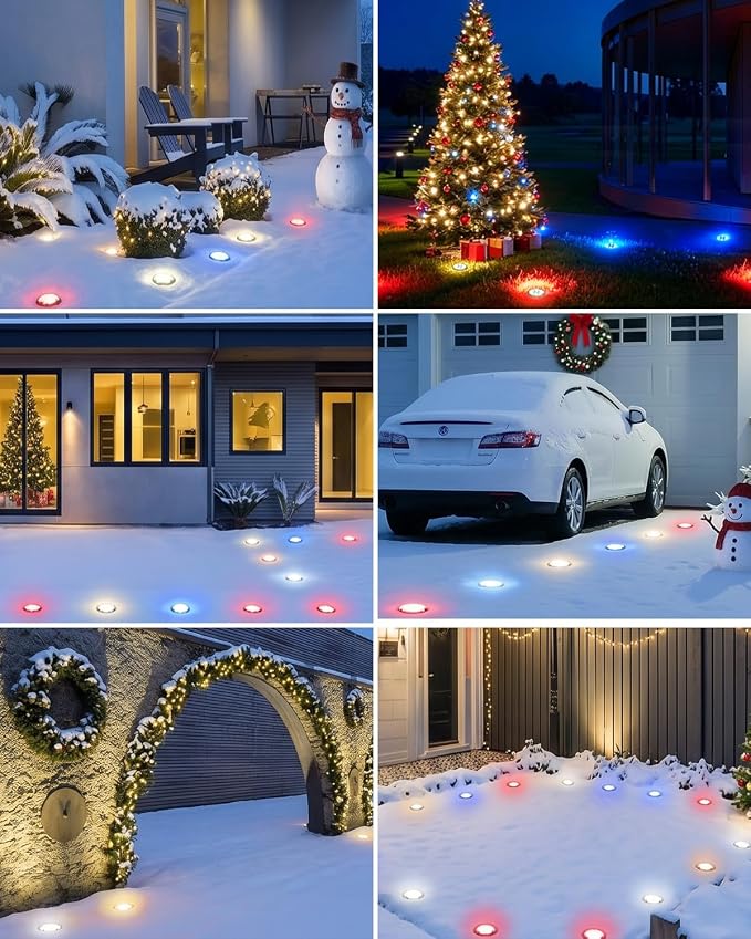 btfarm 16 Pack Solar Lights Outdoor, 8 LED Solar Ground Lights IP65 Waterproof Flat Solar Disc Light, Pathway Lights for Garden Patio Yard Christmas Decorations, Red+Blue+Cool White+Warm White