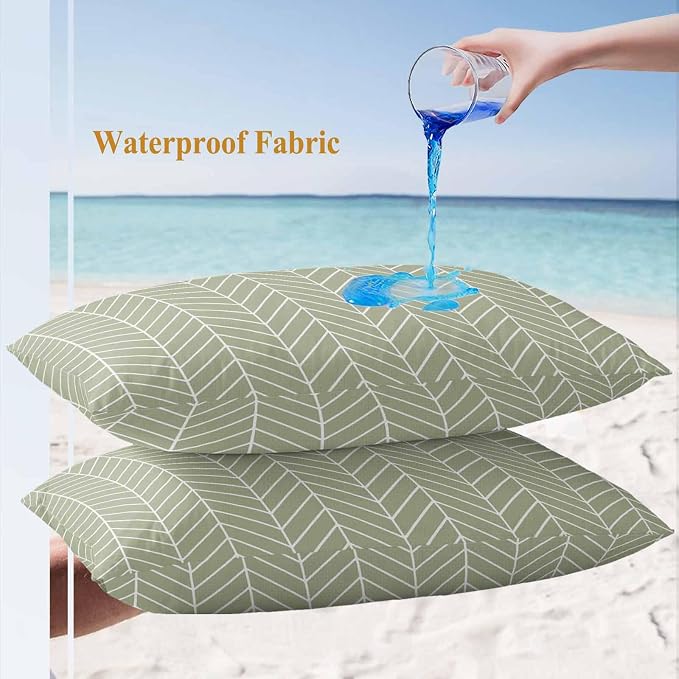 Outdoor Waterproof Throw Pillow Covers Set of 2 Sage Green Chevron Stripes Lumbar Pillowcases 20x12 Inches Modern Geometric Texture Decorative Pillows Cushion Case Patio Pillows for Couch Bed Chair