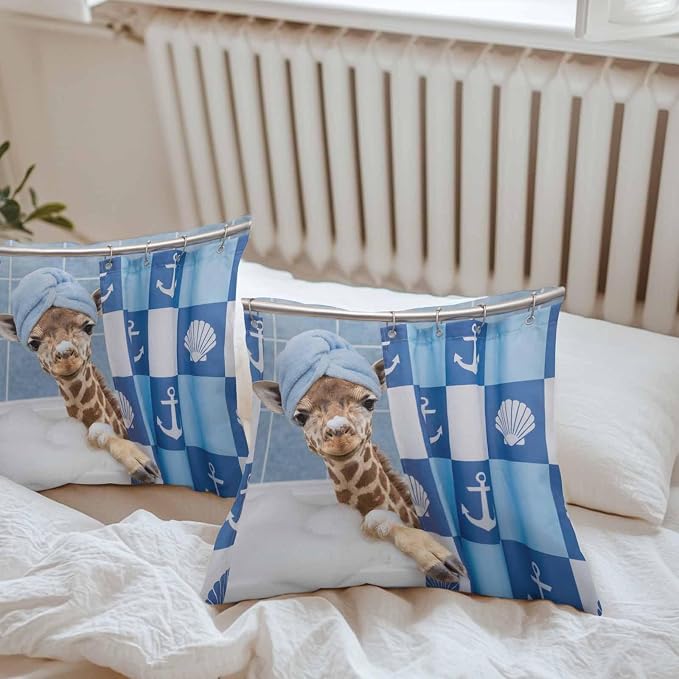 Bathing Giraffe Waterproof Outdoor Pillow Covers Set of 2 Home Decor, Funny Animal Showering Pillowcase Patio Pillow Covers for Couch Bench Patio Furniture Garden 16x16in