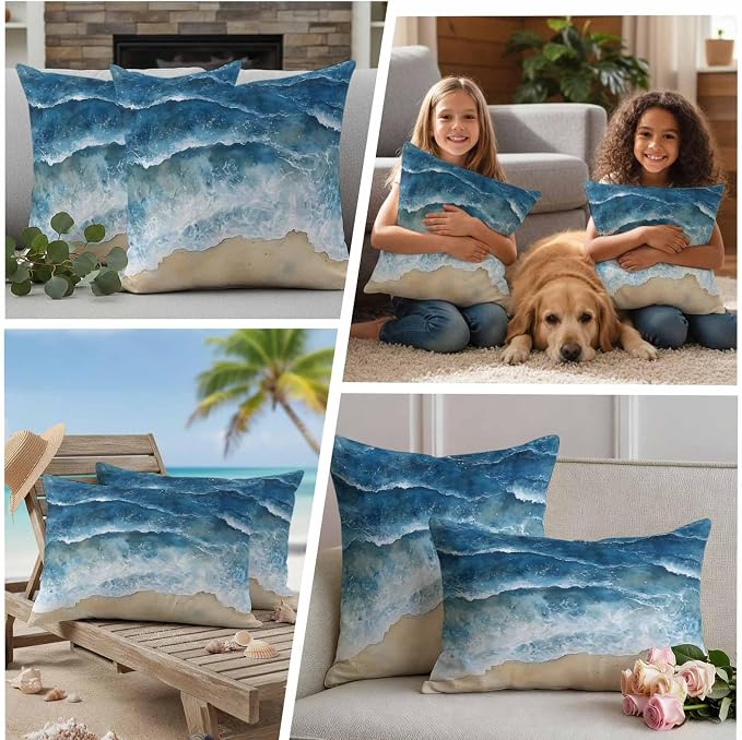 Abstract Waves Outdoor Waterproof Throw Pillow Covers Set of 2, 16"x16", Blue Ocean Spray Beach Watercolor Decorative Pillow Covers Outside Cushion Case for Patio Porch Garden